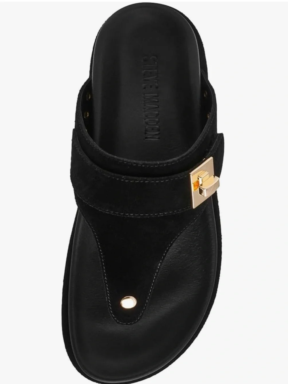 New Steve Madden Black Suede Toe-Post Sandals with Gold Hardware - Picture 7 of 10